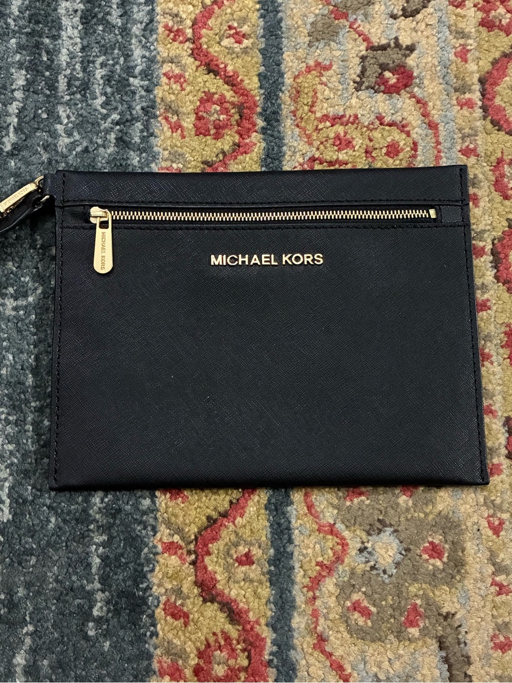 Michael Kors Black Leather Wristlet with Gold Hardware